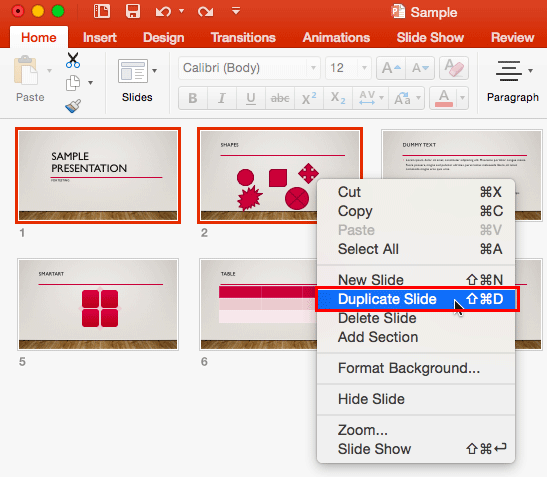 Duplicate Slide option within the right-click contextual menu