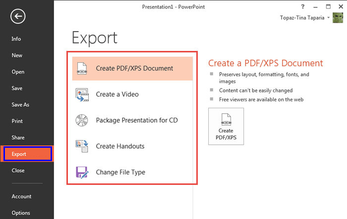 Export tab within the Backstage view Export tab within the Backstage view