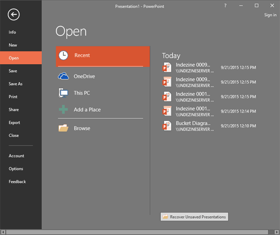 PowerPoint 2016 Backstage view