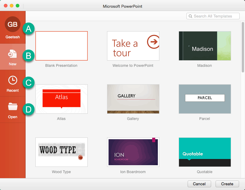 PowerPoint 2019 for Mac Backstage view