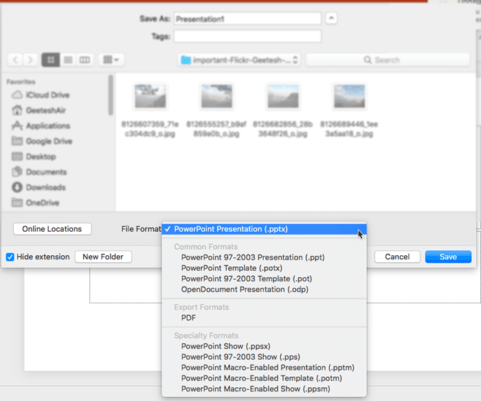 Save as types in PowerPoint 2016 for Mac Save as types in PowerPoint 2016 for Mac