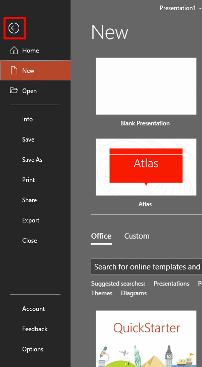 Back arrow within Backstage view