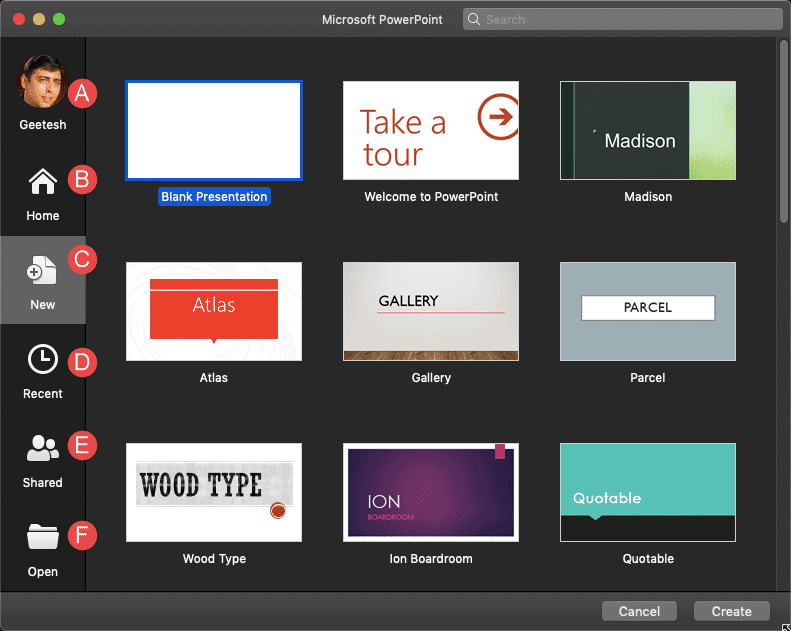 PowerPoint 365 for Mac Backstage view