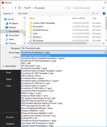 Save As types in PowerPoint 2019 Save As types in PowerPoint 2019