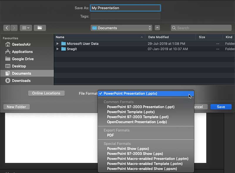 Save as types in PowerPoint 365 for Mac Save as types in PowerPoint 365 for Mac