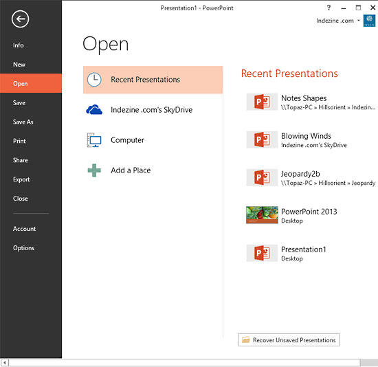 PowerPoint 2013 Backstage view