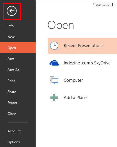 Back arrow within Backstage view