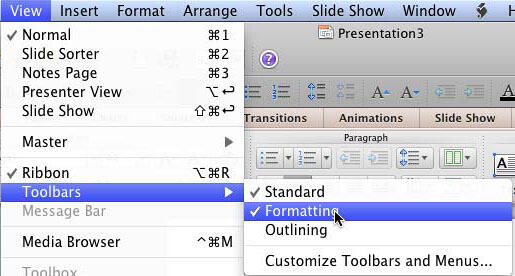 Formatting Toolbar option in View menu