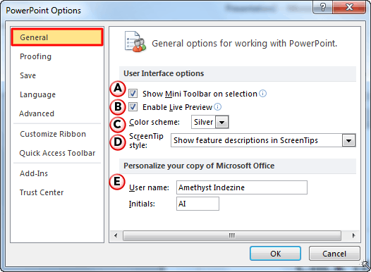 PowerPoint Options dialog box PowerPoint Options dialog box