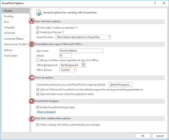 PowerPoint Options dialog box PowerPoint Options dialog box
