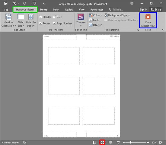 Handout Master view in PowerPoint 2016