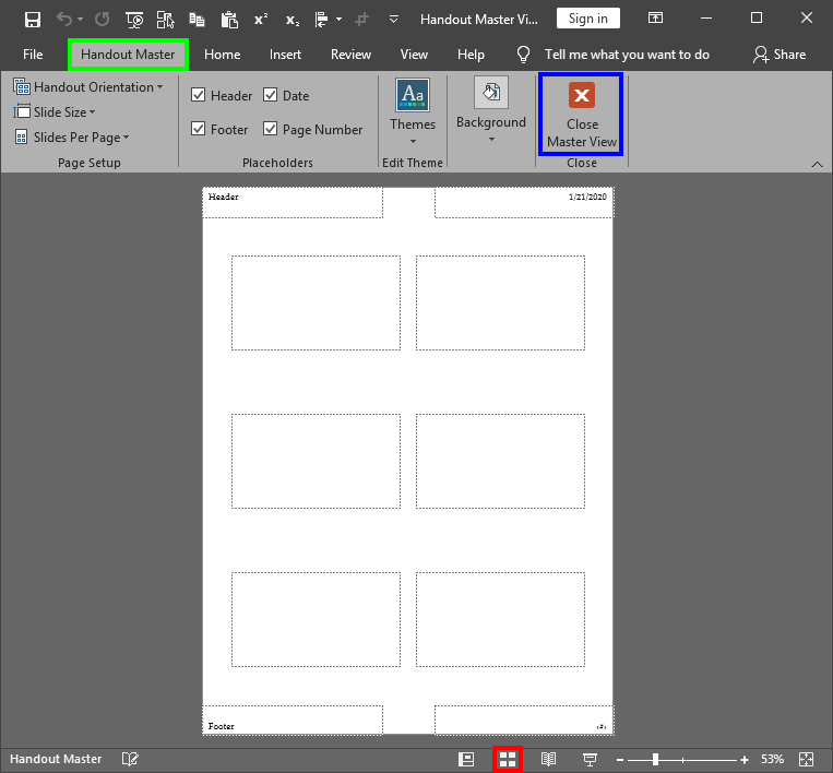 Handout Master view in PowerPoint 2019