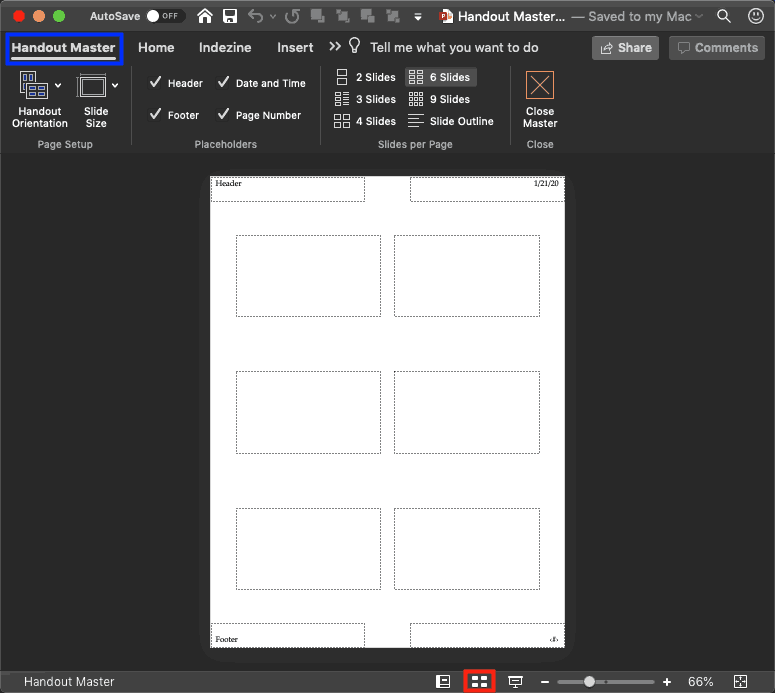 Handout Master view in PowerPoint 365 for Mac
