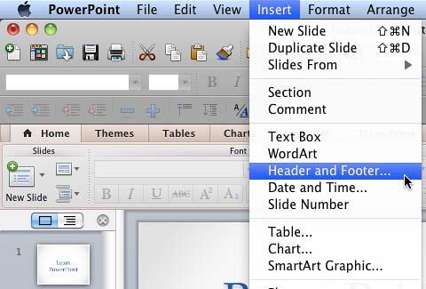 Header and Footer option within Insert menu Header and Footer option within Insert menu