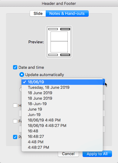 Date (or date and time) format drop-down list