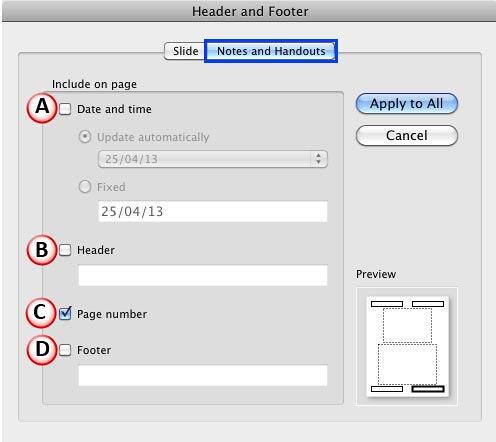 Notes and Handouts tab within Header and Footer dialog box Notes and Handouts tab within Header and Footer dialog box