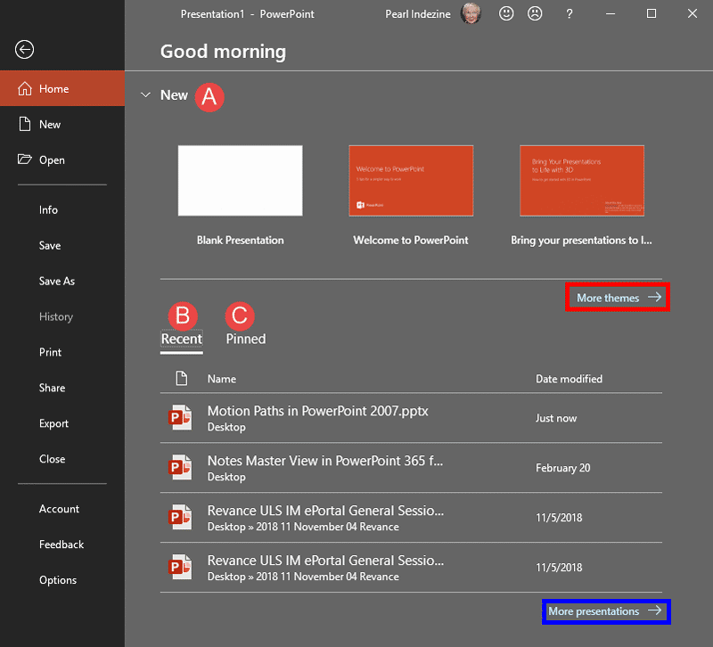 Home tab of Backstage view in PowerPoint 2019 for Windows
