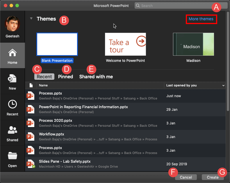 Home tab of Backstage View
