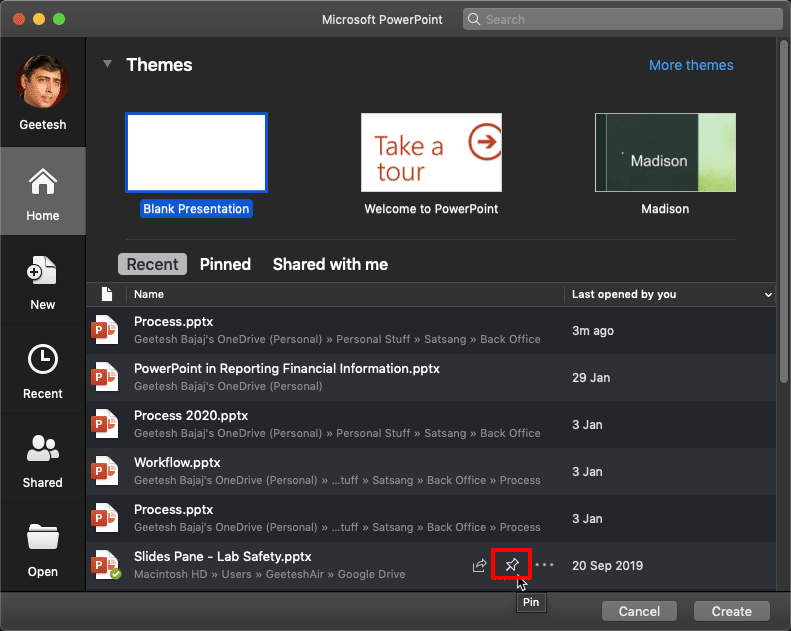 Pin item to the list