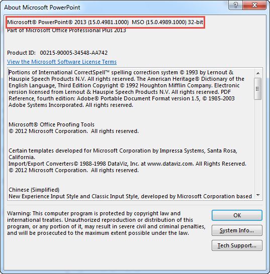 About Microsoft PowerPoint window About Microsoft PowerPoint window