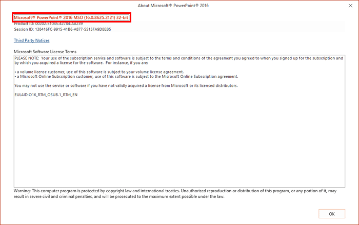About Microsoft PowerPoint window