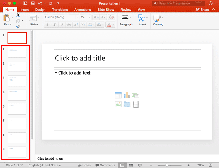 PowerPoint presentation after importing slides from outline