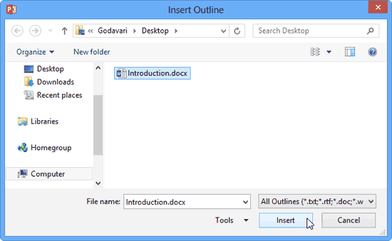 Insert Outline dialog box Insert Outline dialog box