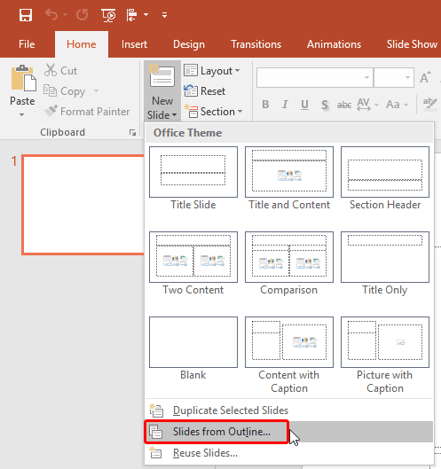 Slides from Outline option to be selected Slides from Outline option to be selected