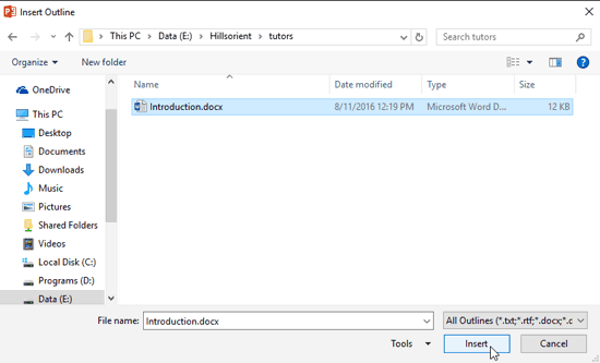Insert Outline dialog box Insert Outline dialog box