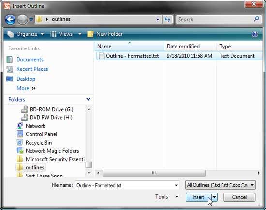 Insert Outline dialog box