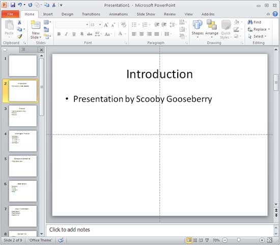 PowerPoint presentation after importing slides from outline