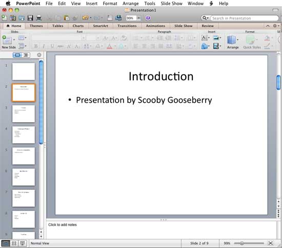 PowerPoint presentation after importing slides from outline