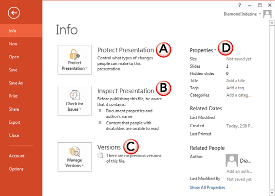 Info Pane of the Backstage View