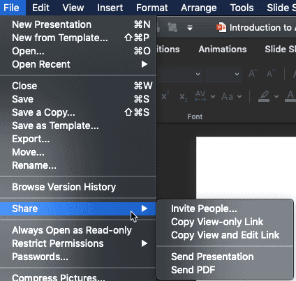 Share submenu for a file opened from OneDrive Share submenu for a file opened from OneDrive