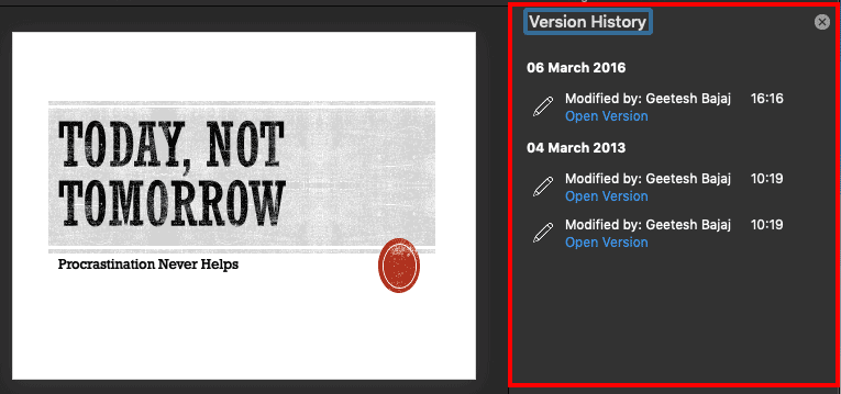 Version History Task Pane Version History Task Pane