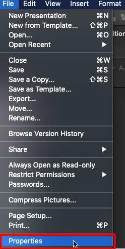 Properties option Properties option