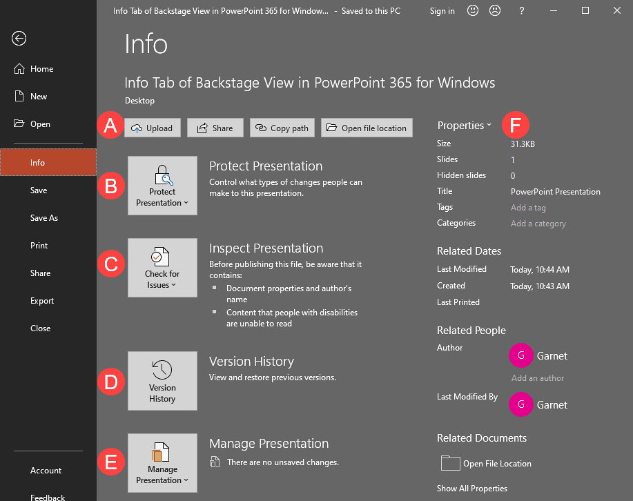Info tab of Backstage View in PowerPoint 365 for Windows