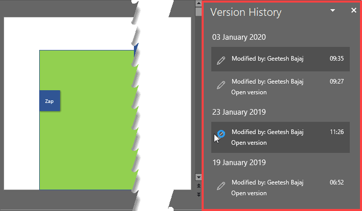 Version History Task Pane