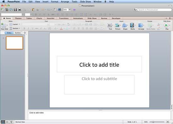 PowerPoint 2011 interface with blank presentation