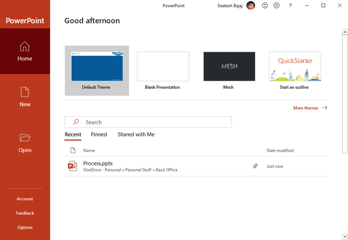 PowerPoint 365 for Windows Backstage view