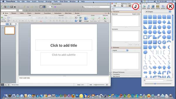 The PowerPoint 2011 interface with toolbox and media browser opened The PowerPoint 2011 interface with toolbox and media browser opened