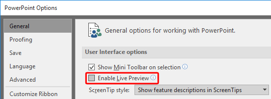 PowerPoint Options dialog box PowerPoint Options dialog box