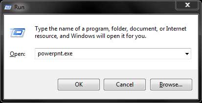 powerpnt.exe typed in the Run dialog box powerpnt.exe typed in the Run dialog box