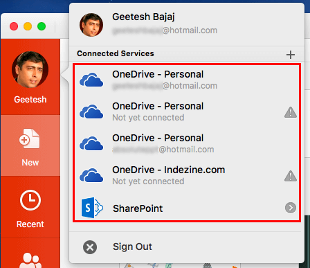 Accounts window within Backstage view Accounts window within Backstage view