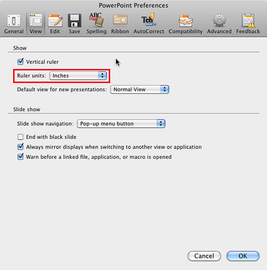 Ruler units list box within the PowerPoint Preferences window