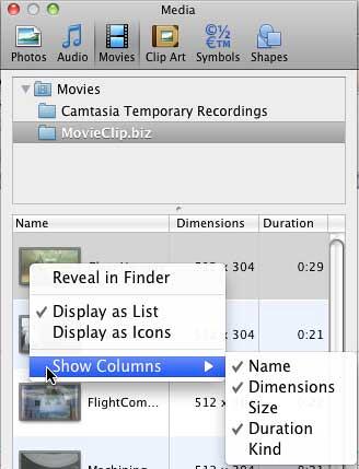Show Columns submenu