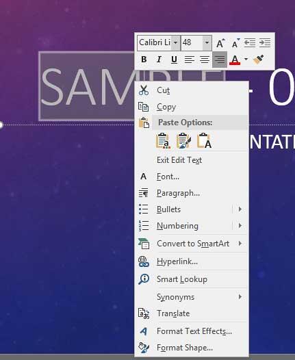 Mini Toolbar accessed by right-clicking the selected text