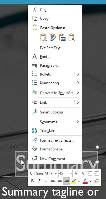 Mini Toolbar accessed by right-clicking the selected text