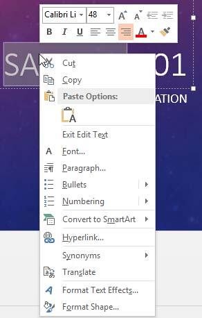 Mini Toolbar accessed by right-clicking the selected text