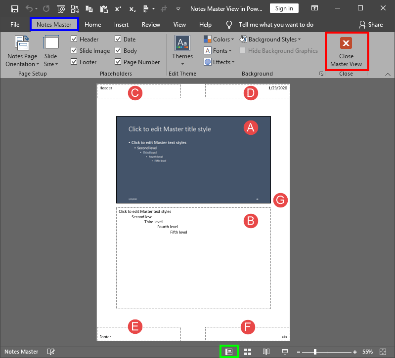 Notes Master view in PowerPoint 2019 Notes Master view in PowerPoint 2019